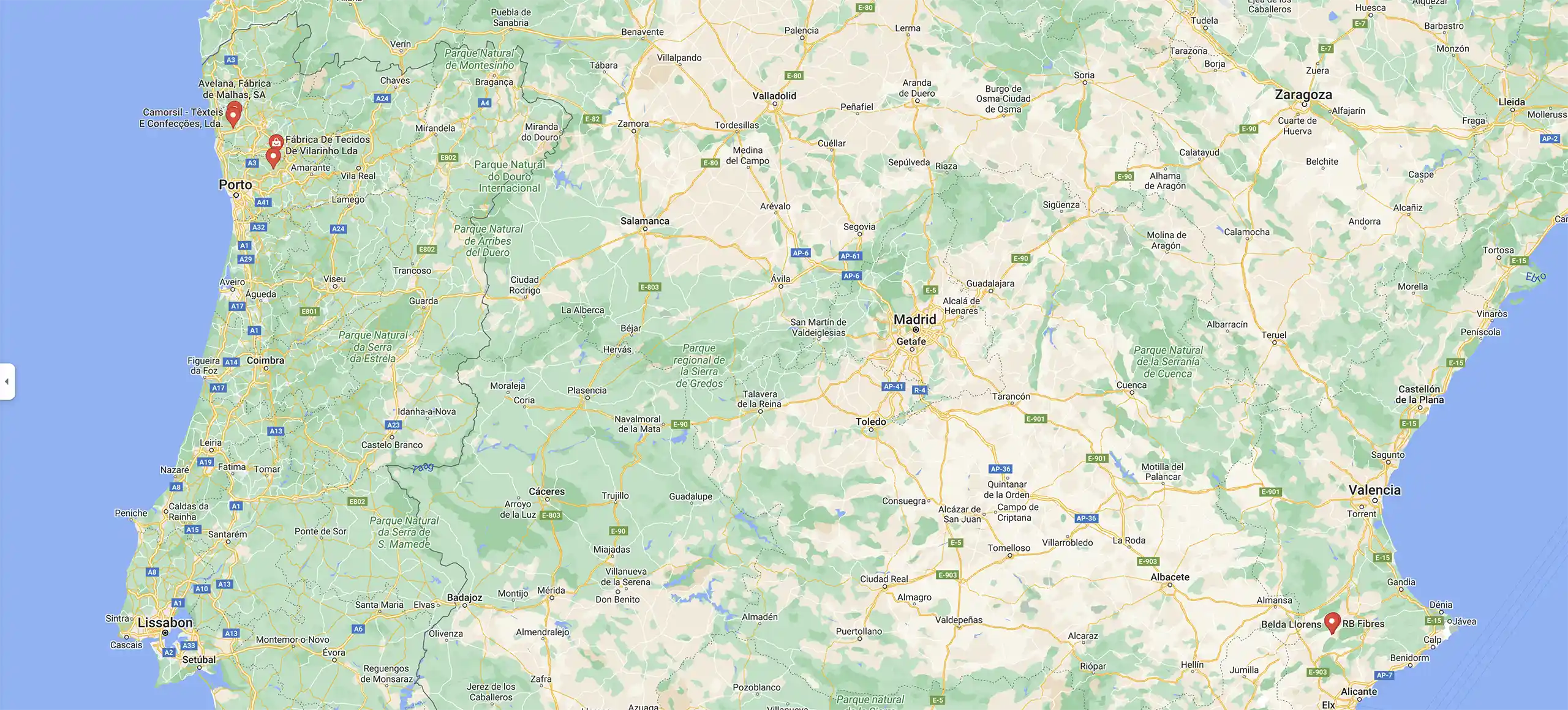 Google maps afbeelding met punten waar de fabrieken staan waar common|era mee samenwerkt.